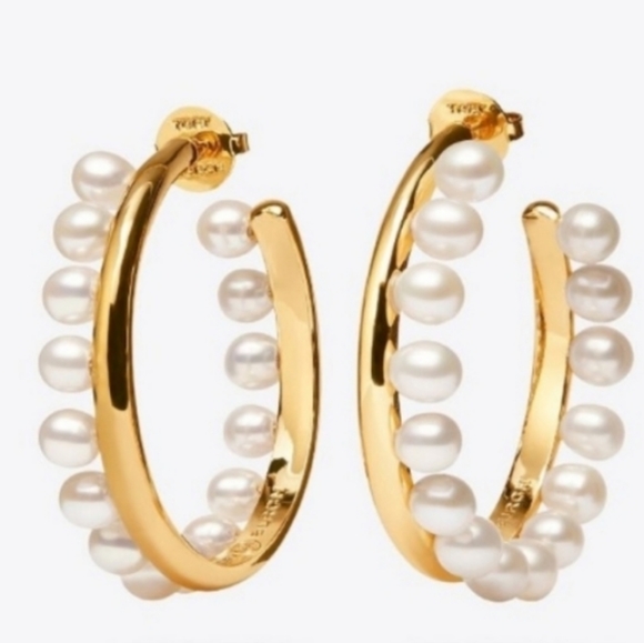 Pearl Fringe - Tory Burch Gold White Hoop Earrings💛 - Picture 2 of 12